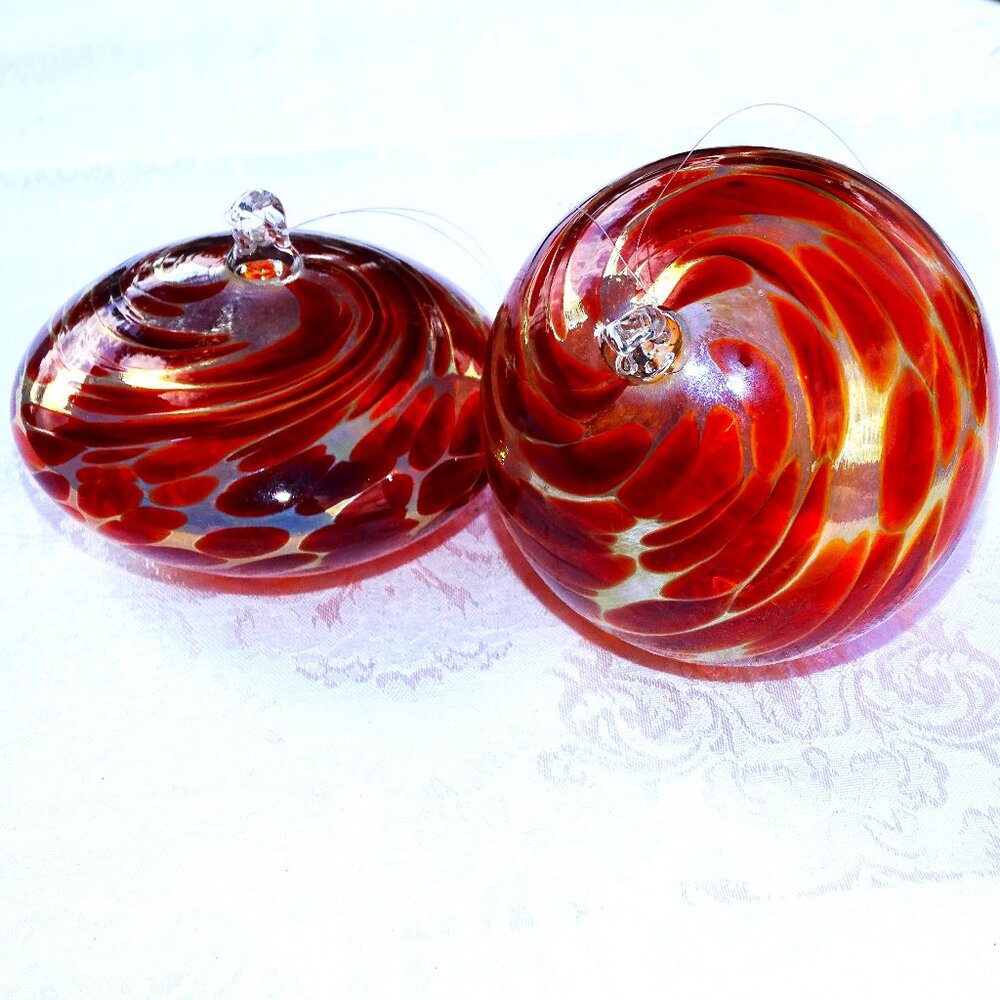 2 VTG Colorful Hand-Blown Art Glass Ball Ornament Orbs round/oval